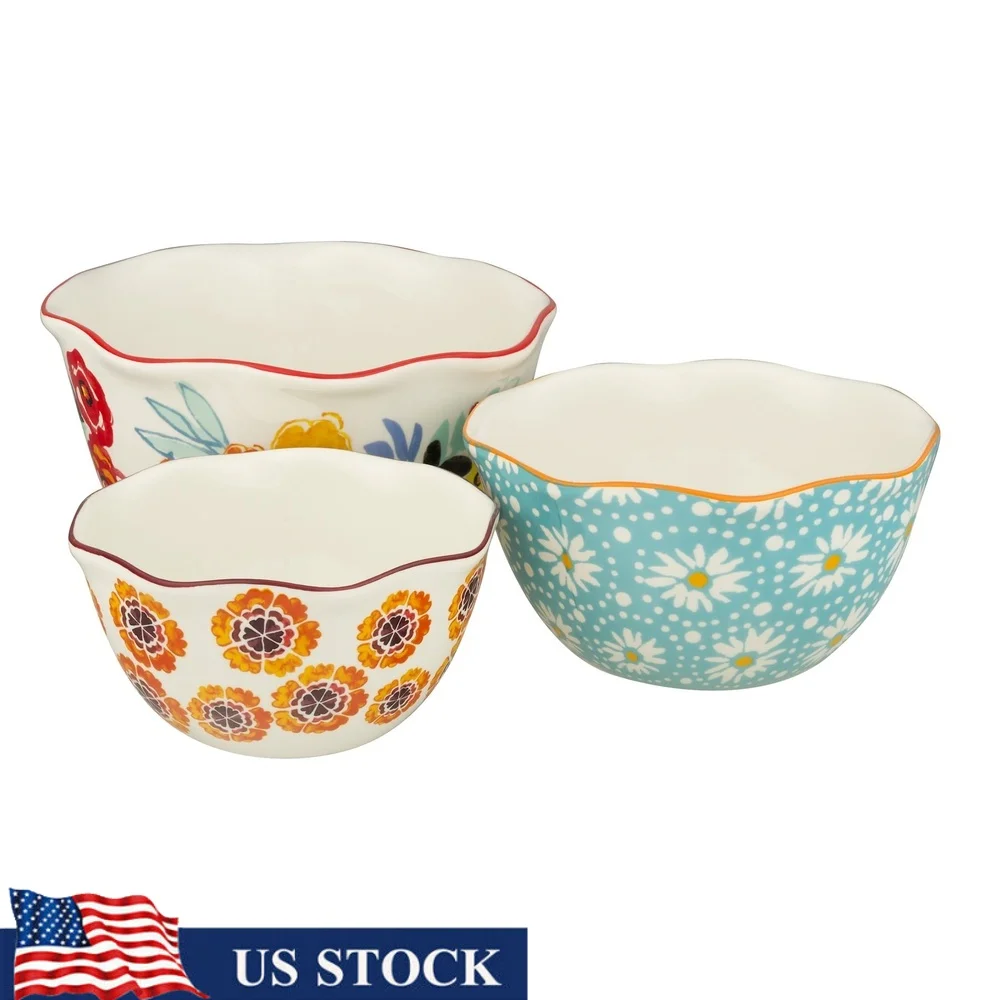 

Винтажный набор мисок с зубчатыми краями и цветочным принтом, из 3 предметов, прочный керамогранит, посудомоечная машина, безопасная для микроволновой печи, идеальная сервировка, коллекционная техника