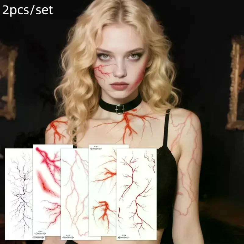 ورقتان من وشم الوجه للهالوين والأوعية الدموية، تصميم وجه مخيف، تزيين مكياج العيون، ملصقات وشم مزيفة مؤقتة