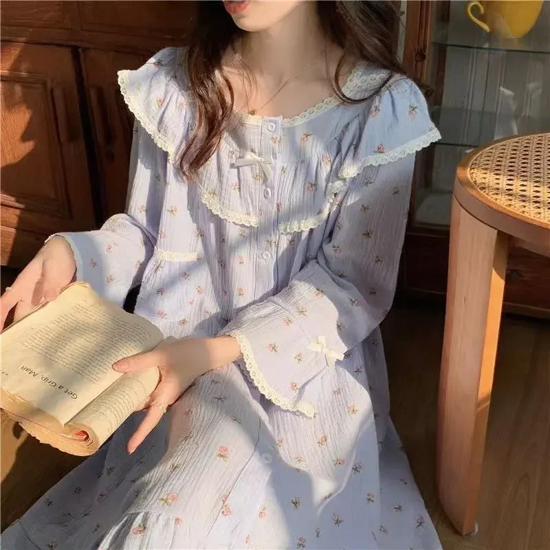 New Sweet Girls Cotton Loose Sleepshirts Women\'s Princess Style Home Dress Student Leisure Nightgowns Spring Autumn Nightdress