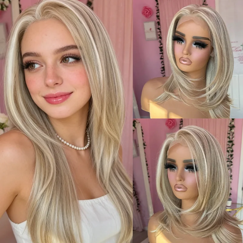 

Золотисто-белый синтетический парик HD с натуральным кружевным фронтом для женщин, термостойкий, на заказ, для косплея