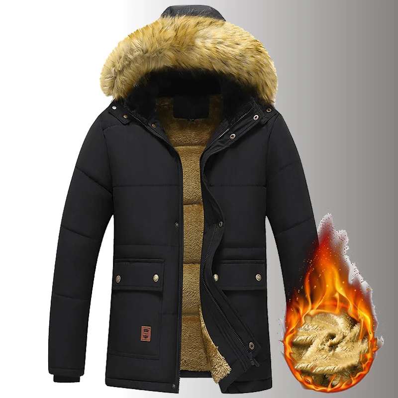 Men's Winter Fur Collar Thick Warm Parkas Windproof Fleece Lined Removable Hooded Jacket Male Cotton Outwear Coats Casual Jacket