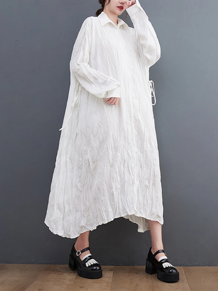 Irregular Black Vintage Pleated Shirt Dresses For Women New Loose Casual Long Sleeve Dress Elegant Clothing Spring Autumn 2024