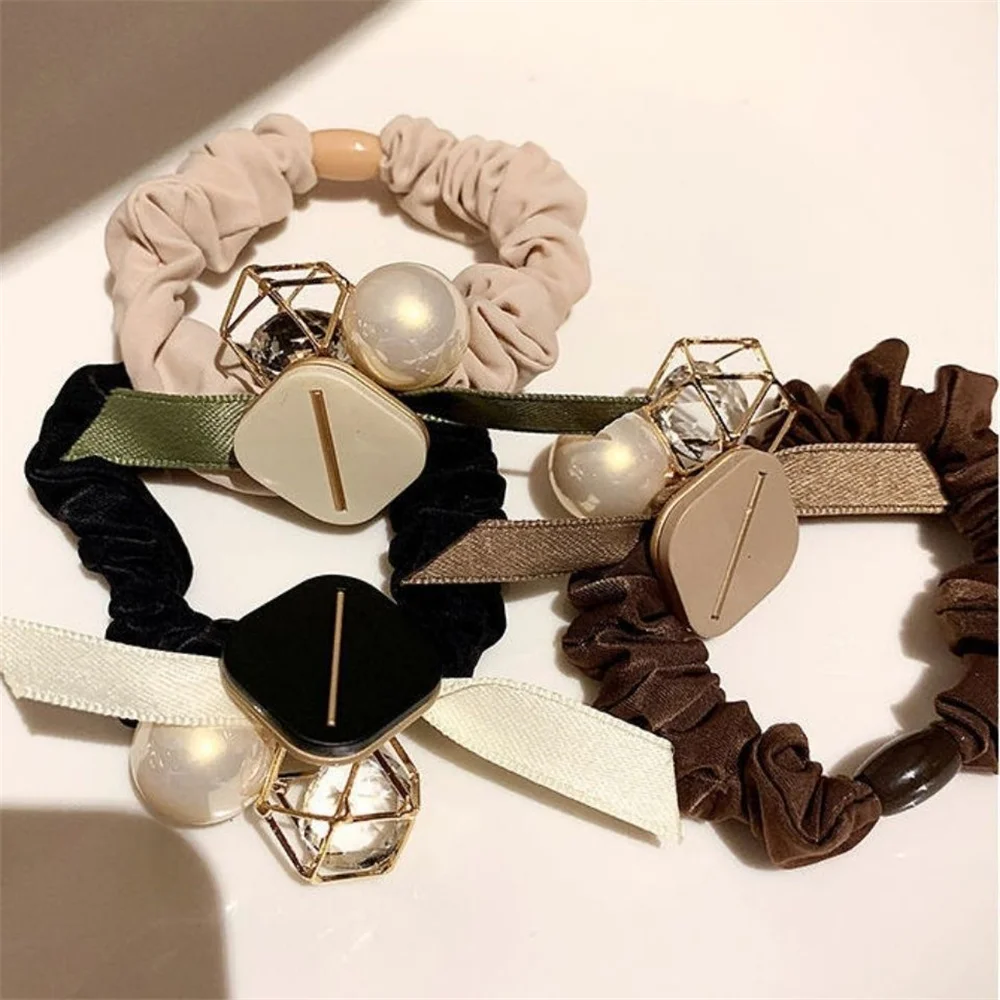 Fashion Imitation Pearl Crystal Bowknot Hairband Vintage Geometric Silk Flower Hair Rope for Women GirlsPonytail Bun Scrunchies