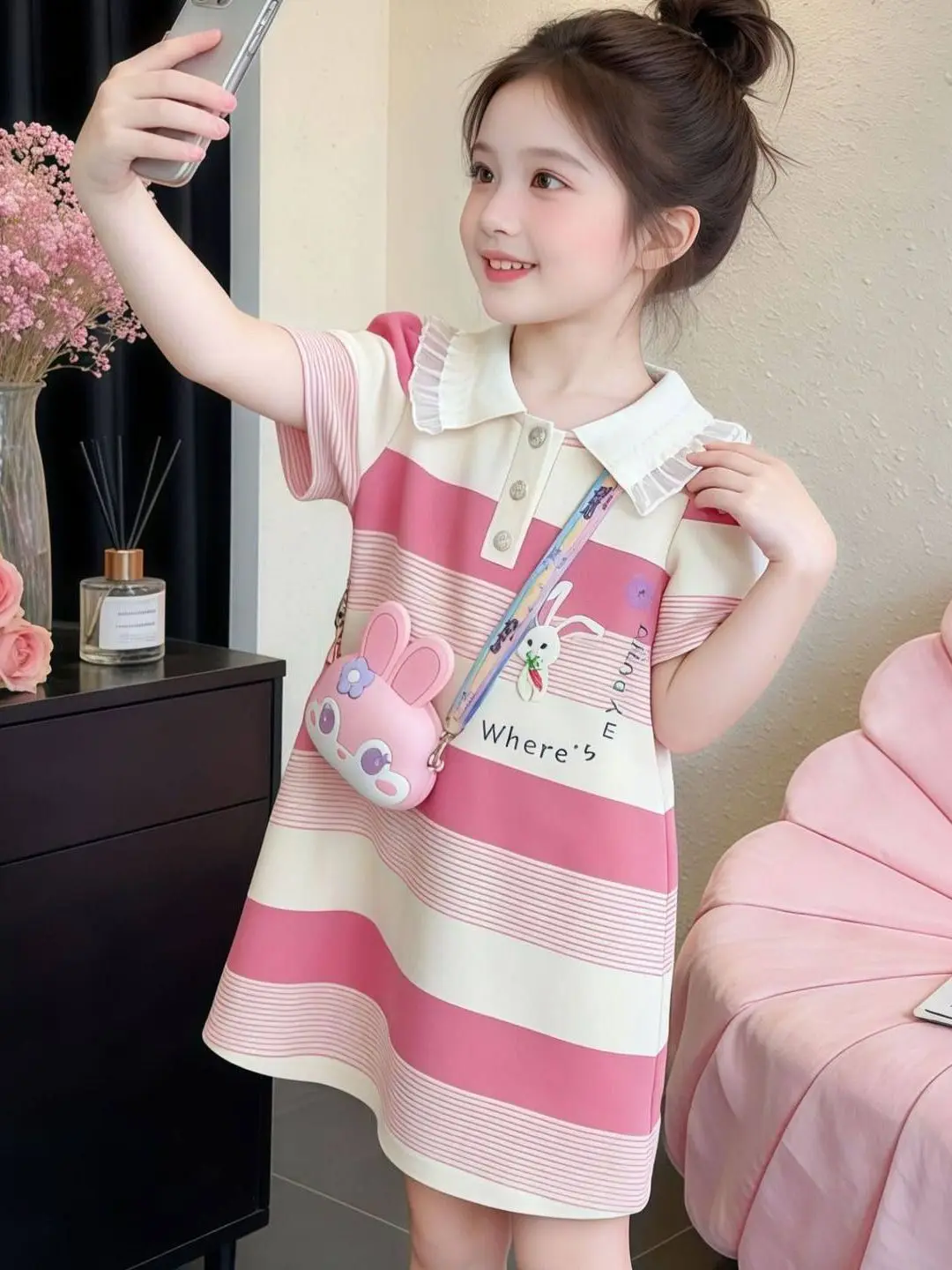 Girls Summer Casual Dress Sweet Stripe Short Sleeve Turn-down Collar Skirt A-line Midi Dress Soft Washable Machine Washable