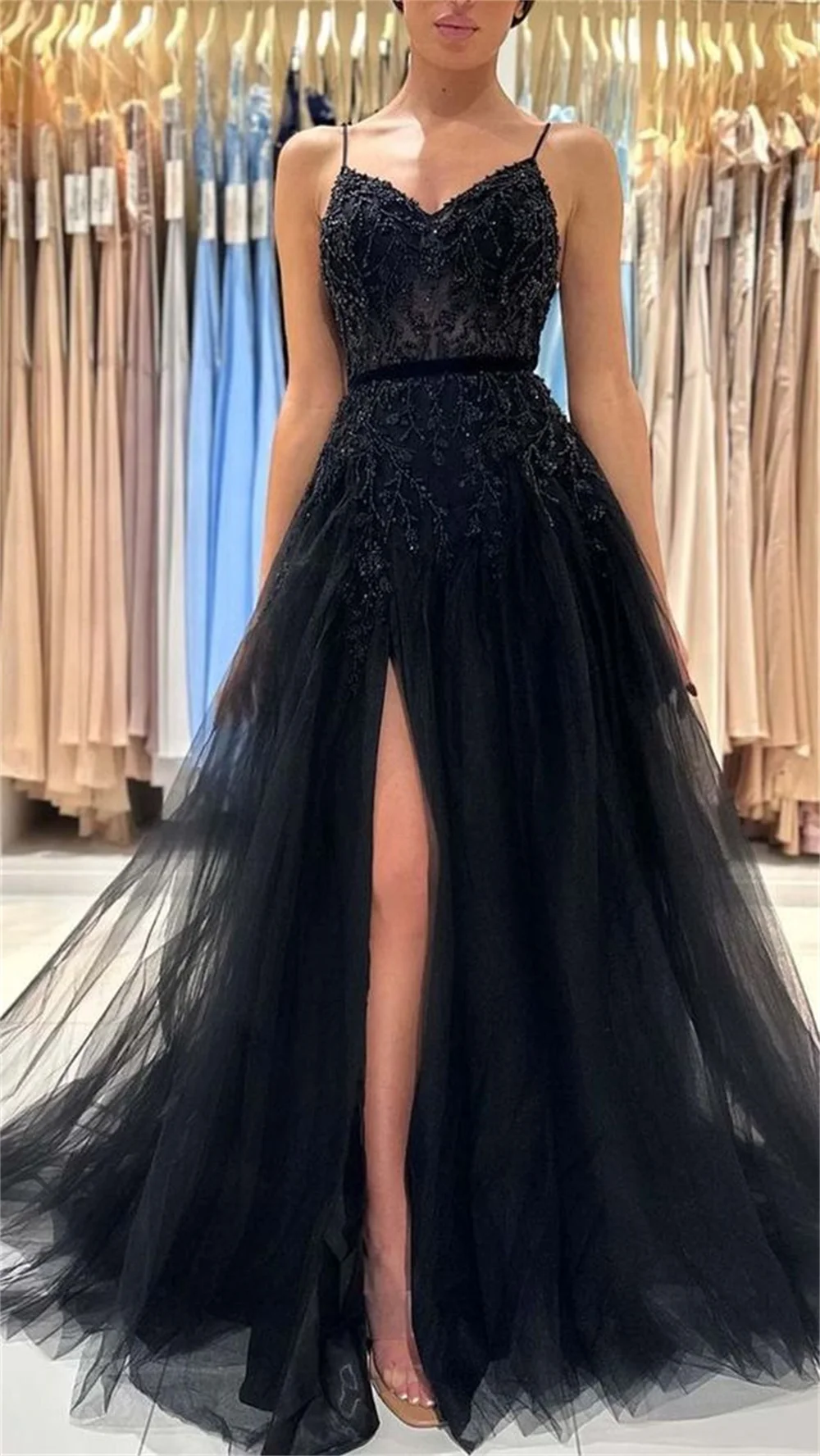 Sansa Black Tulle Prom Dresses Spaghetti Strap A-line vestidos de noche Elegant Sleeveless Sexy Side Split Formal Evening 2024