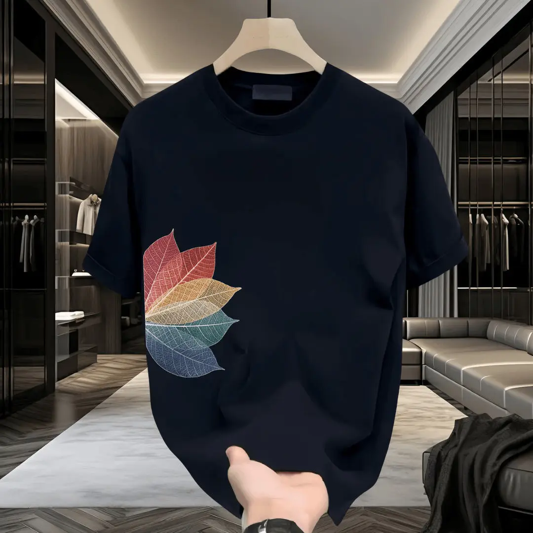 Leaf Printed Short-sleeved T-shirt Men's Summer Loose Round Neck New Casual Versatile Top JJ22