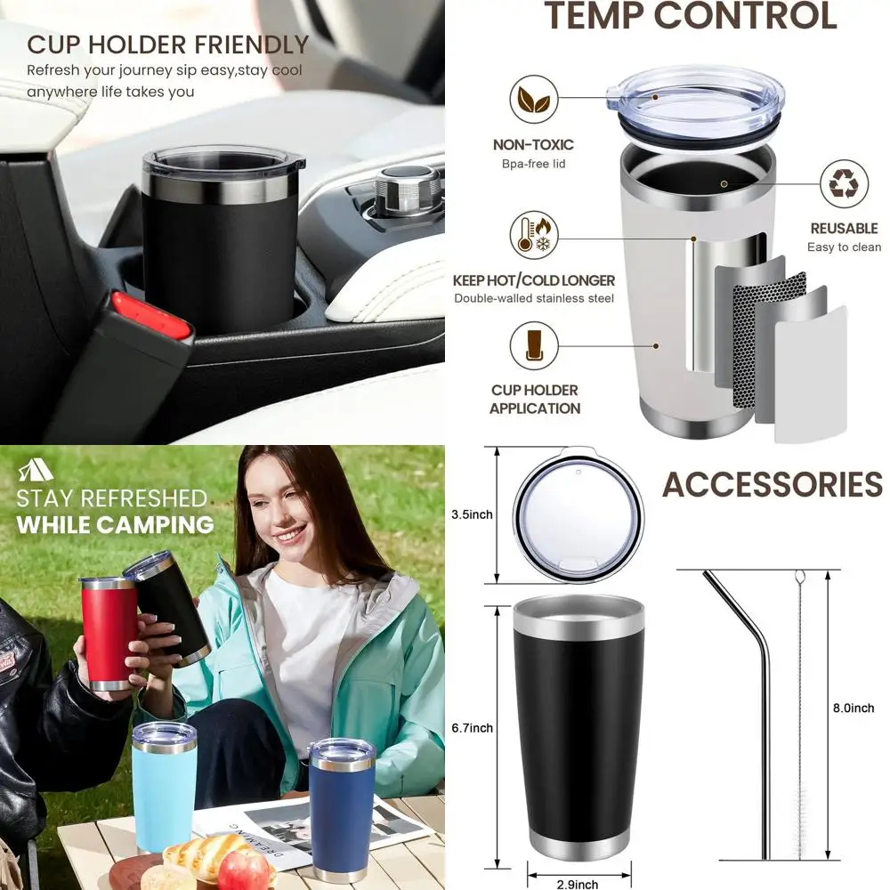 

8-Piece Set of 20oz Double Wall Insulated Stainless Steel Tumblers with Lids and Straws for Cold & Hot Beverages (White)