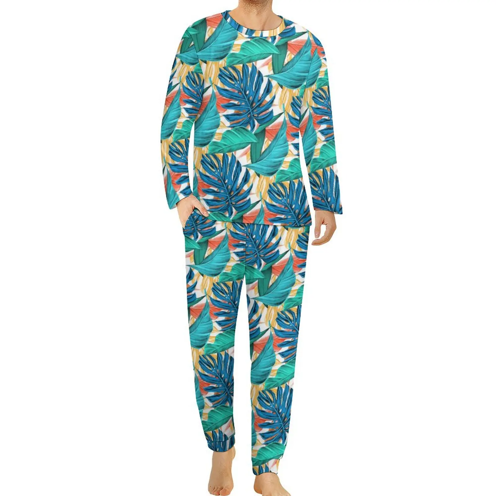 Exotic Tropical Leaves Pajamas Autumn 2 Pieces Colorful Weed Pajama Sets Man Long Sleeve Casual Sleepwear Large Size 5XL 6XL