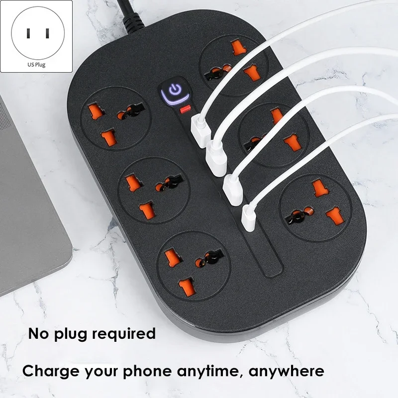 Power Strip EU UK US Plug Surge Protector Socket 2m Extension Cord with 3 USB 1 Type-C Ports 6/8 Jacks Universal Outlet for Home