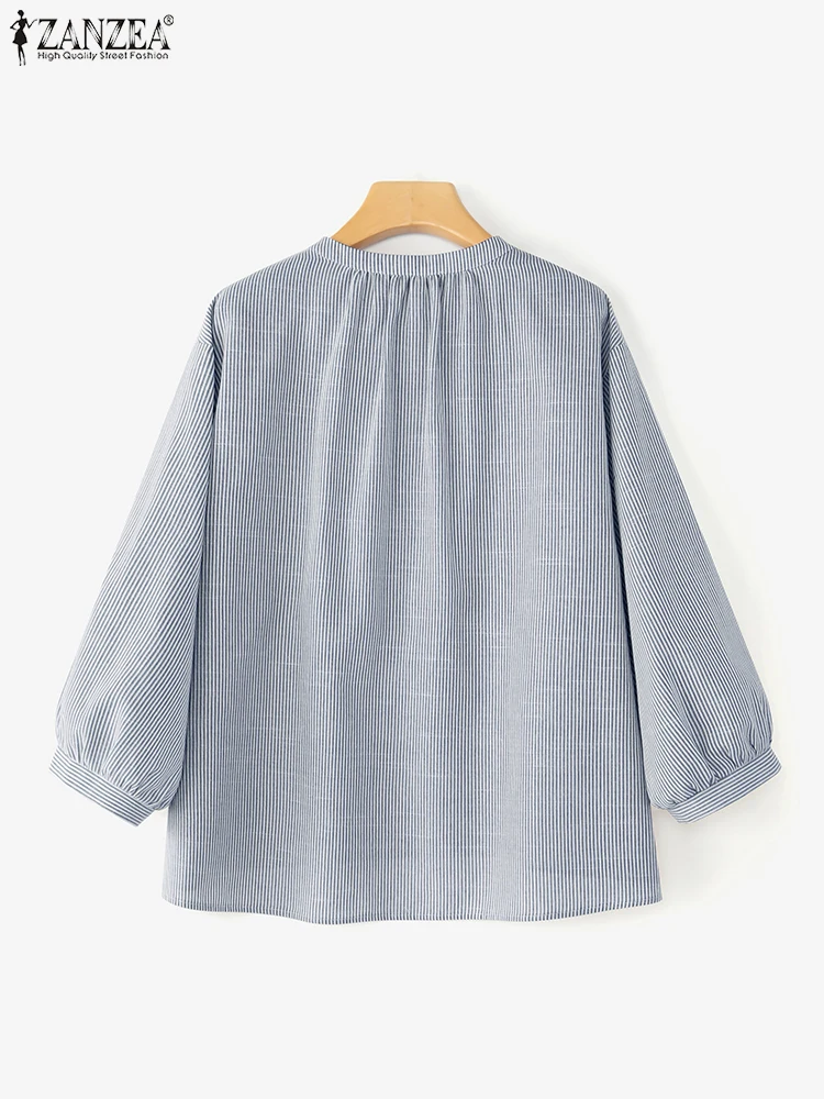 ZANZEA, blusas de otoño 2025 para Mujer, camisa informal holgada de manga larga a rayas, blusa elegante con cuello levantado para trabajo de oficina, Tops con botones para Mujer