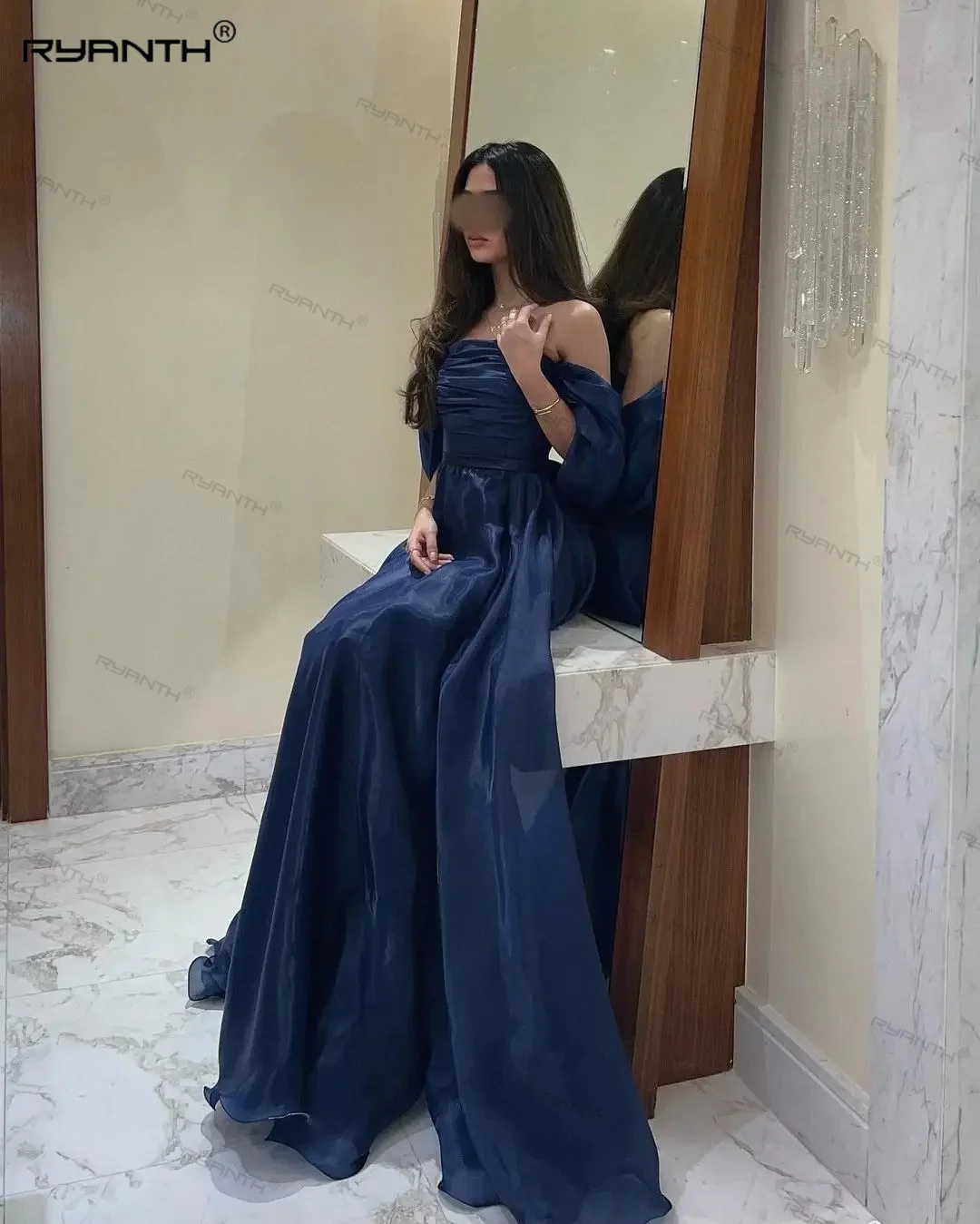 Ryanth Off Shoulder Prom Dresses for Women Navy Blue Celebrity Party Dress Tulle A-Line Evening Dress Strapless Maxi Dress