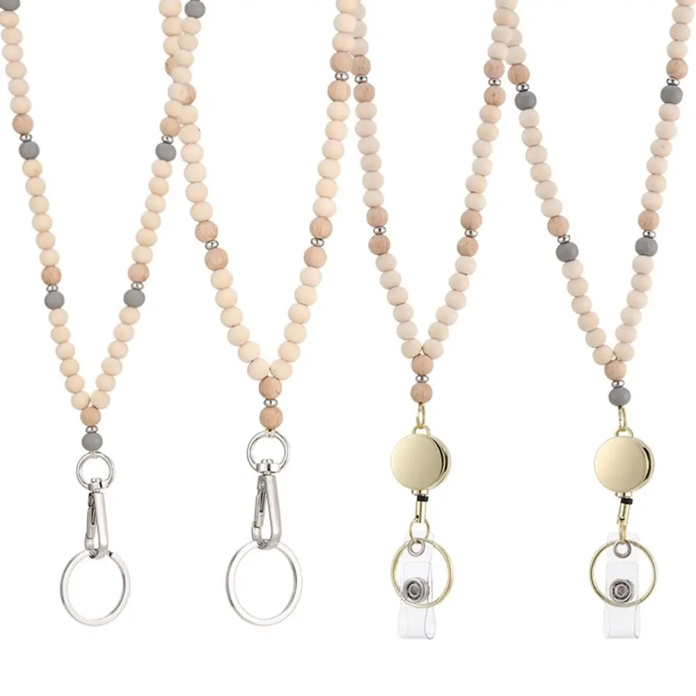 Retractable ID Badge Holder Lanyard Natural Wood Bead with 2pcs Card Holder Boho Keychain Necklace Stainless Steel Clasp