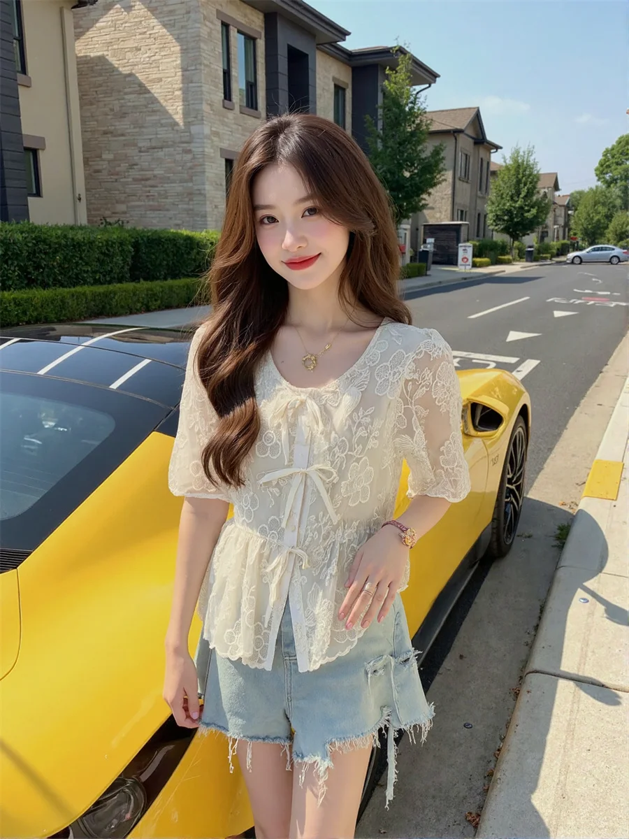 Chemisiers à manches bouffantes et col rond pour femme, haut élégant, populaire d'hiver, ajouré, sans manches, boucles solides, dos soigné, école, respirant