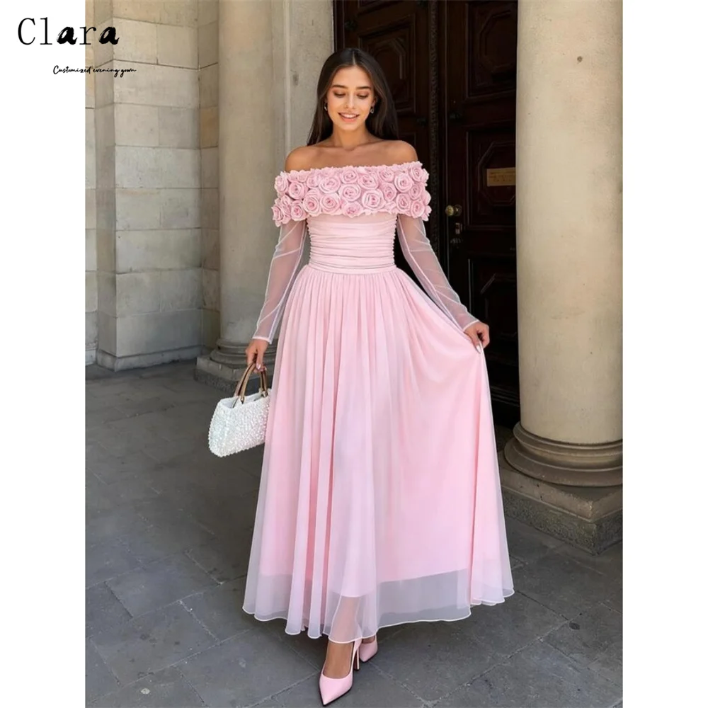 Clara Custom Pink Flower A Line Off the Shoulder Elegant Night Dresses 2026 Woman Luxury Evening Dress Bespoke Occasion Dresses