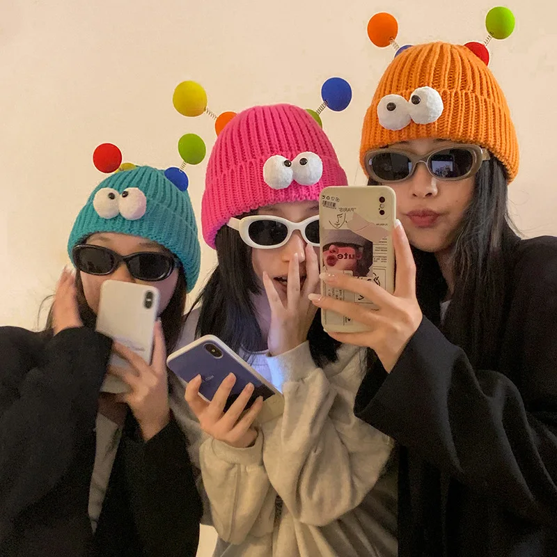 New Cute Cartoon Big Eyes Beanies Caps Women Korean Funny Couple Knitted Hat Y2k Fashion Winter Warm Cold Cap For Party