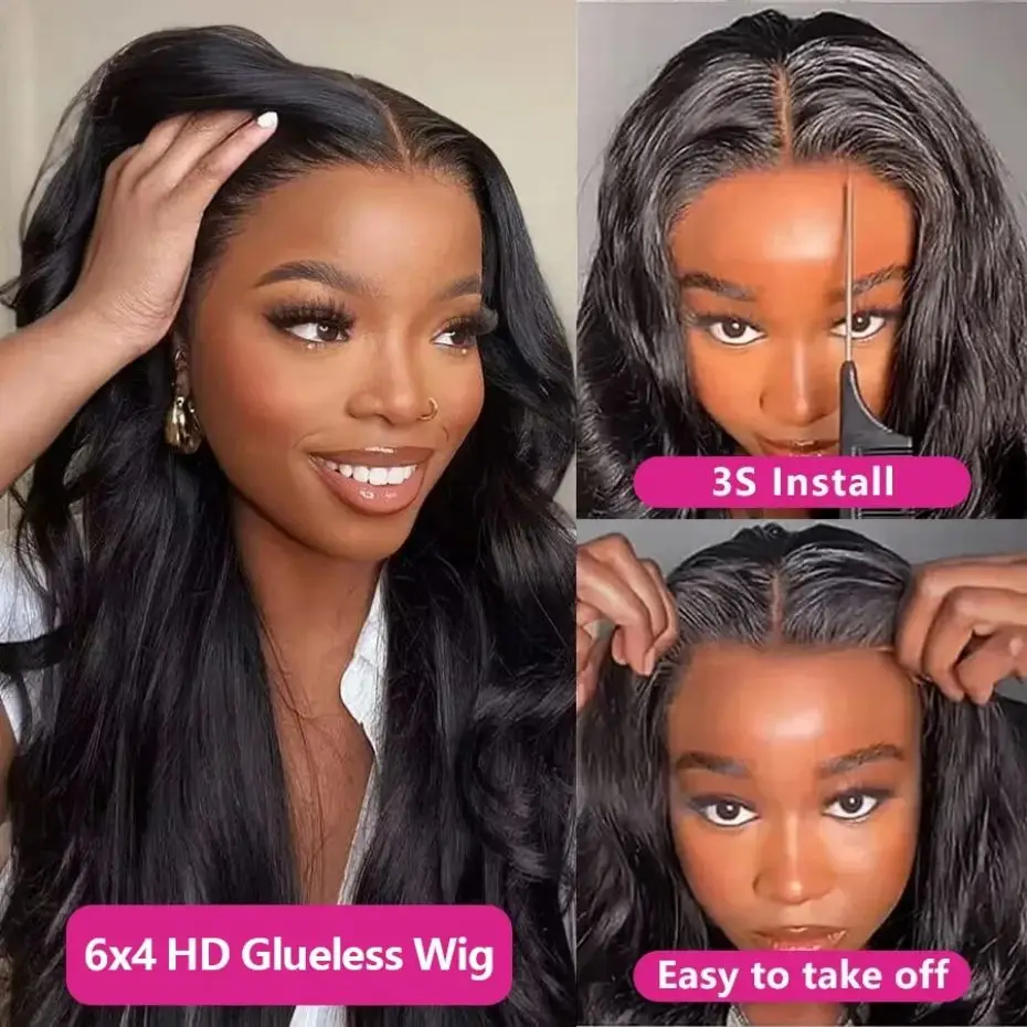 Glueless Body Wave Lace Wig para mulheres negras, cabelo humano, fecho de renda transparente, pré-cortado, 5x5, 180%, 4x6