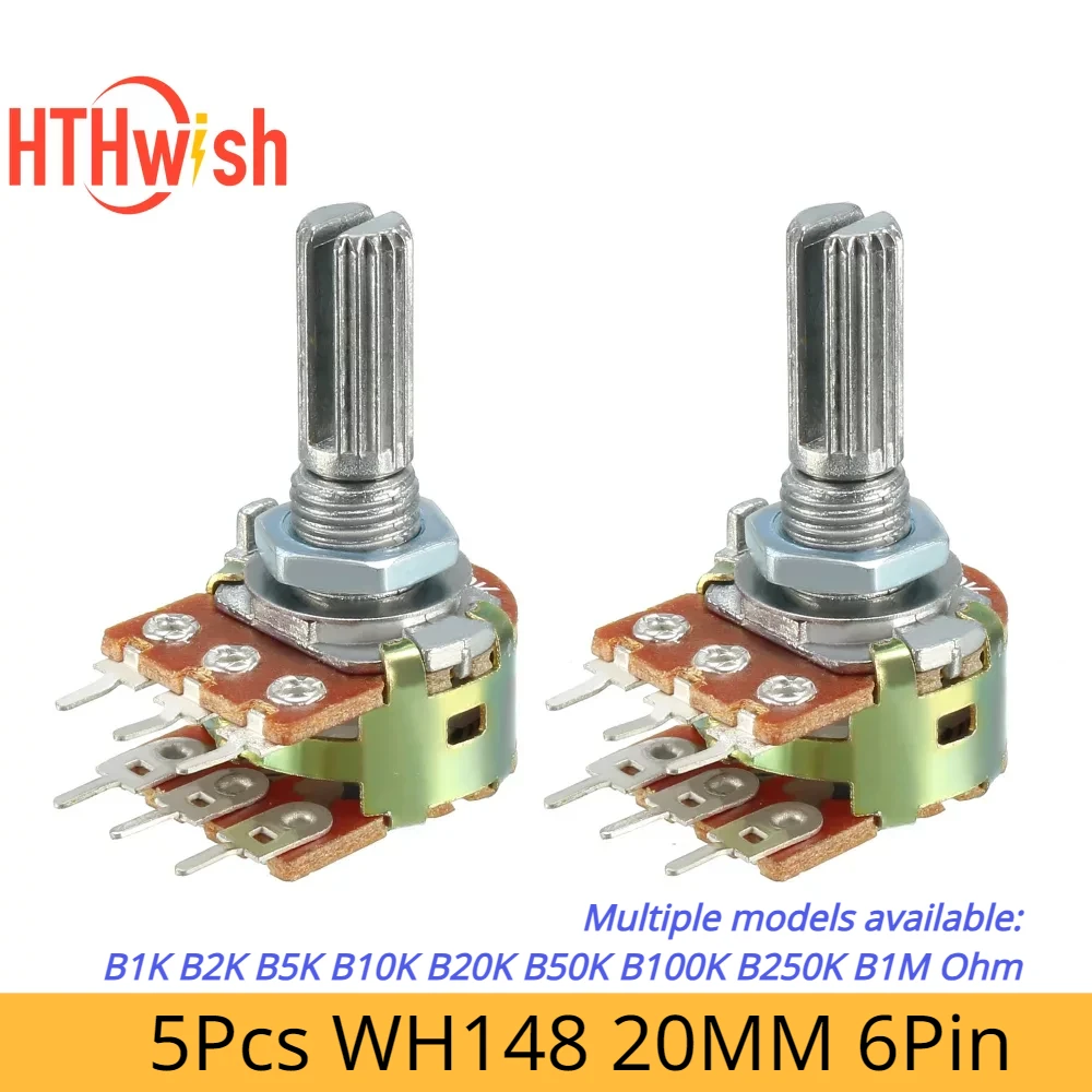 Nowy 5szt WH148 20MM 6Pin Podwójny potencjometr B1K B2K B5K B10K B20K B50K B100K B250K B1M Ohm Zmienny obrotowy rezystor węglowy