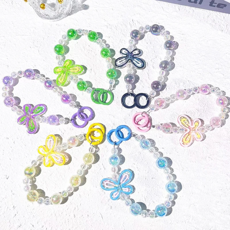 1szt Candy Color Beading Butterfly Mobile Chain Phone Lanyard Pendant Ornaments Key Chain Schoolbag Accessory DIY Bag Charm Decor