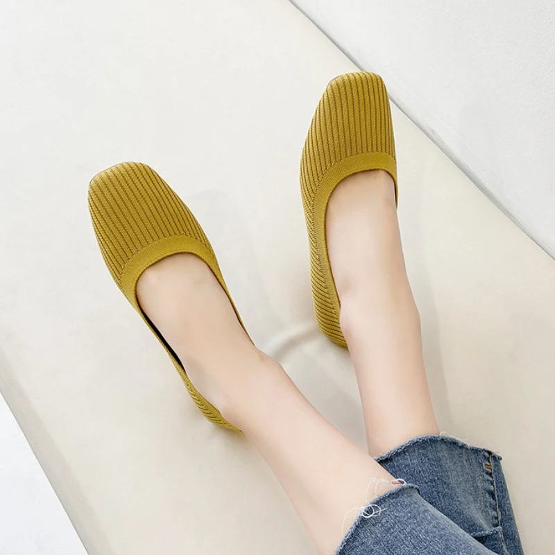 Damskie buty codzienne na lato i jesień, płaskie, oddychające, dzianinowe, z kwadratowym noskiem, wsuwane, damskie mokasyny do chodzenia, prowadzenia samochodu.
