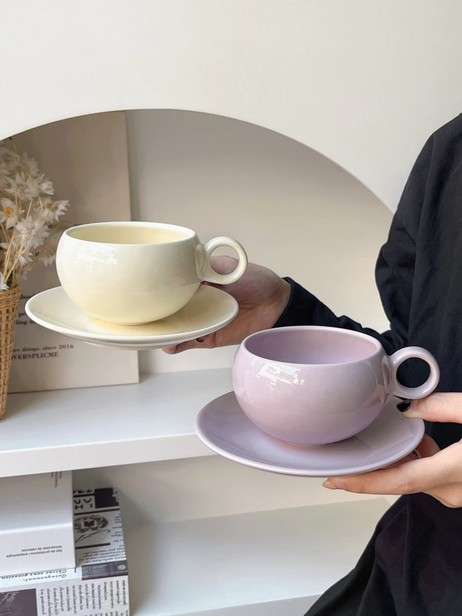 270ml Solid Color Round Ceramic Coffee Cup And Plate Set Afternoon Tea Mug Dish Home Combination Dessert Plate Purple Coffee Cup