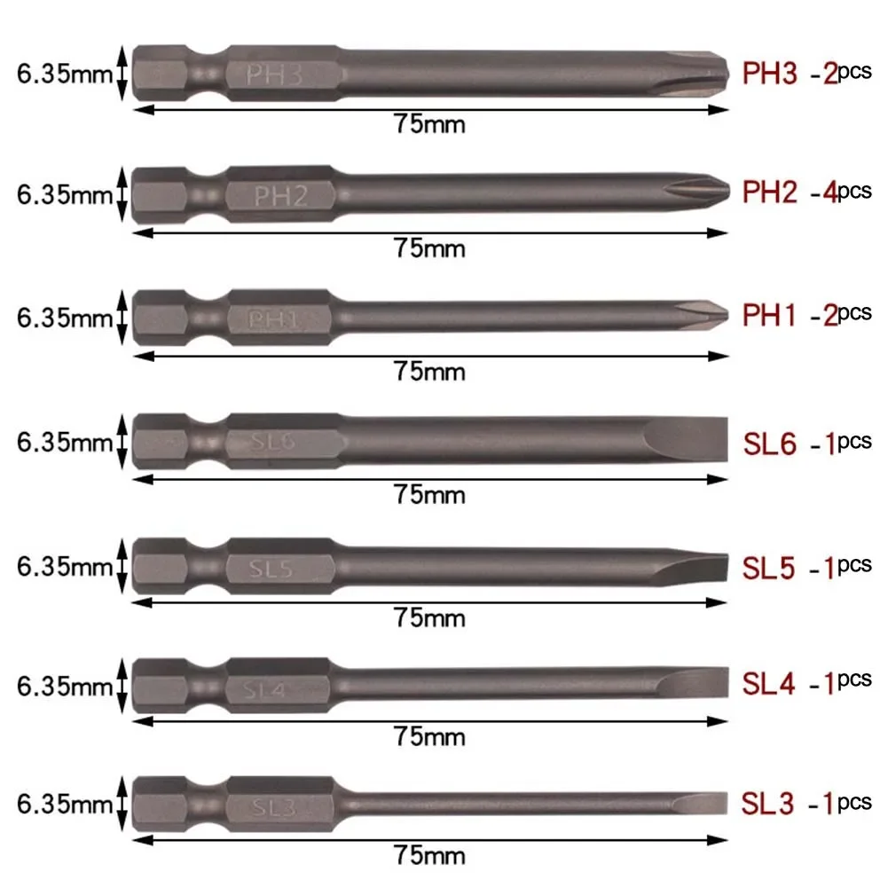 12pcs 75mm Magnetic Screwdriver Bit Set Magnetic Tip 1/4inch Screwdriver Electric Screwdriver Tool PH3 PH2 PH1 SL6 SL5 SL4 SL3