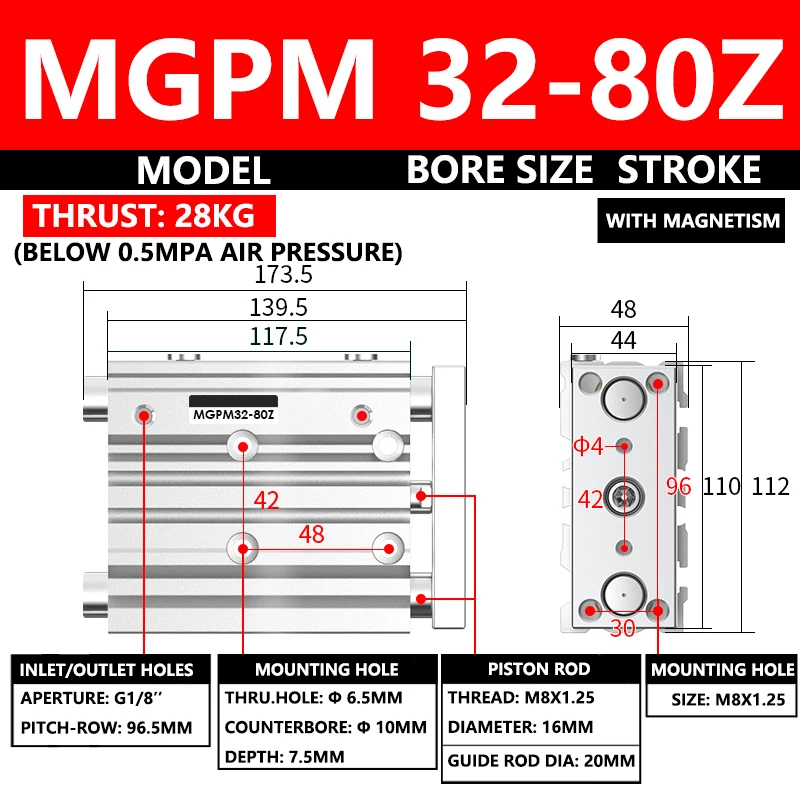 

ABILKEEN MGPM Series Pneumatic Compact Guide Cylinder MGPM32-80Z 32MM Bore X 80MM Stroke Thin Three Axis Three Rod Air Cylinder