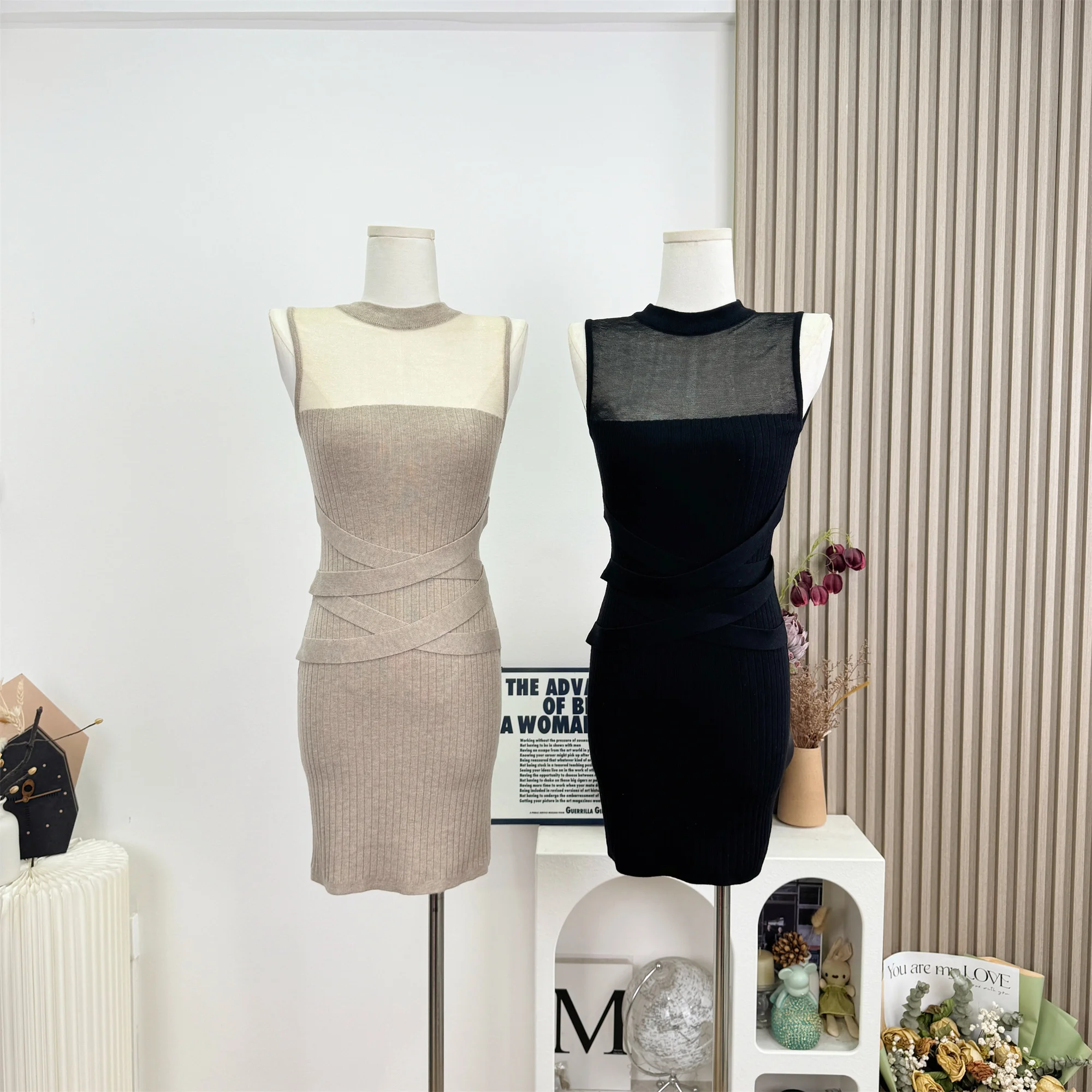 

Women's Knit Sleeveless Mesh Patchwork Bodycon Dress Empire Waist Slimming Elegant Evening Clubwear New Style Short Dress F786