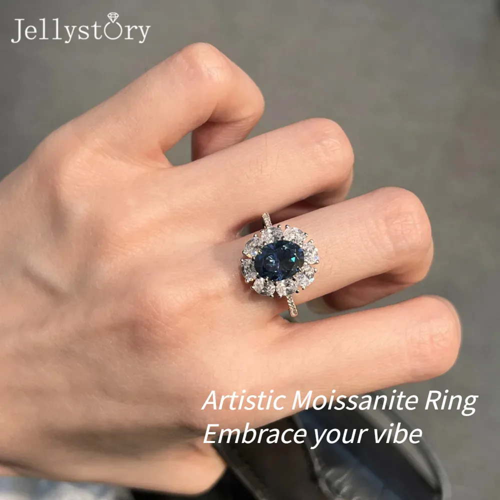 JellyStory 2 Carat Daisy Ring, S925 Sterling Silver Oval Egg Shape Moissanite Hot Sale Unique Design Women‘s Ring