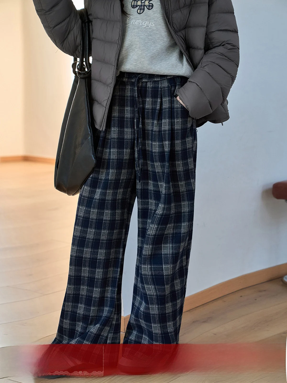 

Женские повседневные брюки с высокой талией в клетку, широкие, свободного кроя, в стиле ретро, синие, из зимней коллекции, модные женские брюки