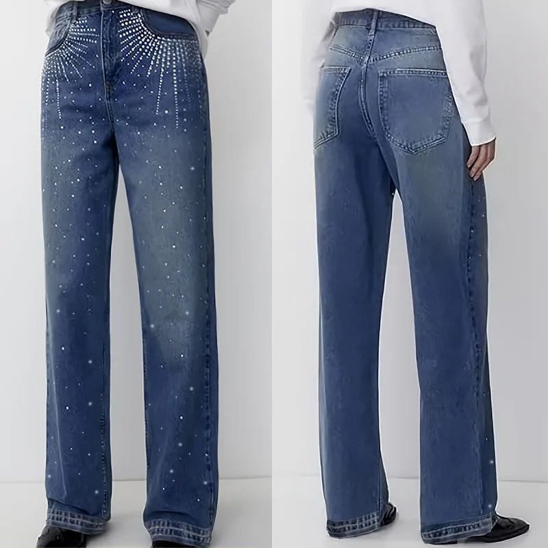 

Denim Jeans Women Solid Jean Hot Fix Rhinestones Pocket Zipper Fly Empire Waist Full Length Straight Pants Casual 2025 Winter