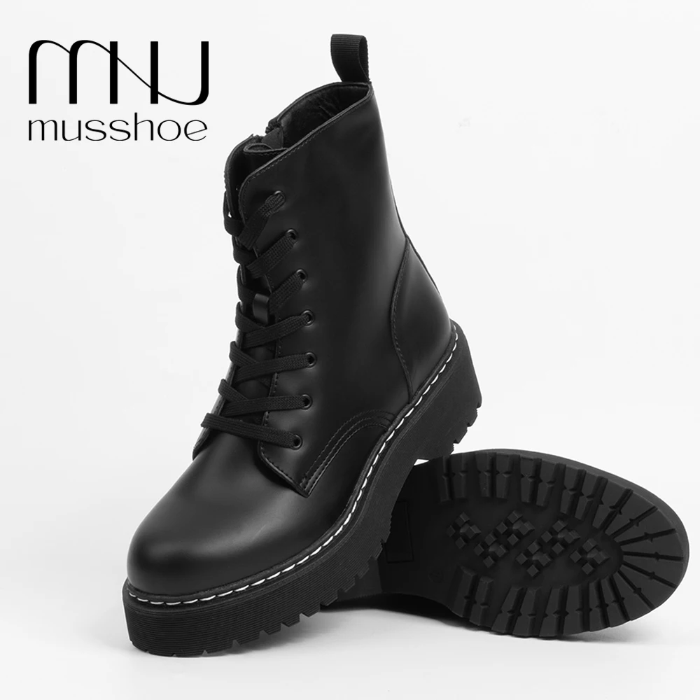 

MUSSHOE Women Black Motorcycle Boots Mid Calf Chunky Lug Sole Ankle Boots with Lace Up and Zipper Height Outside Combat Boots