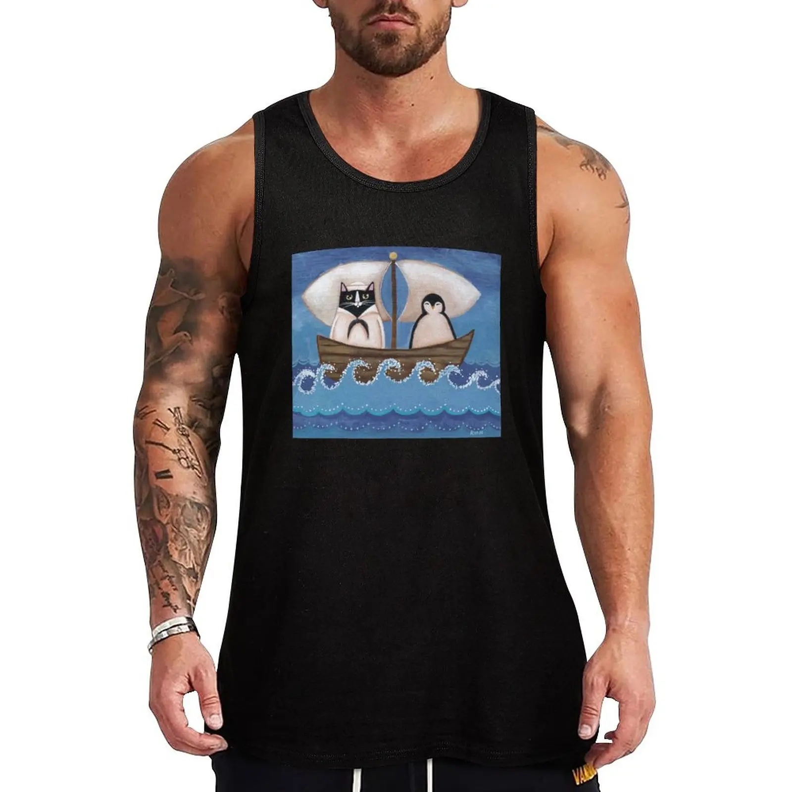 

Sailor Cat & Penguin Tank Top sports vest gym t-shirts man gym shirt men
