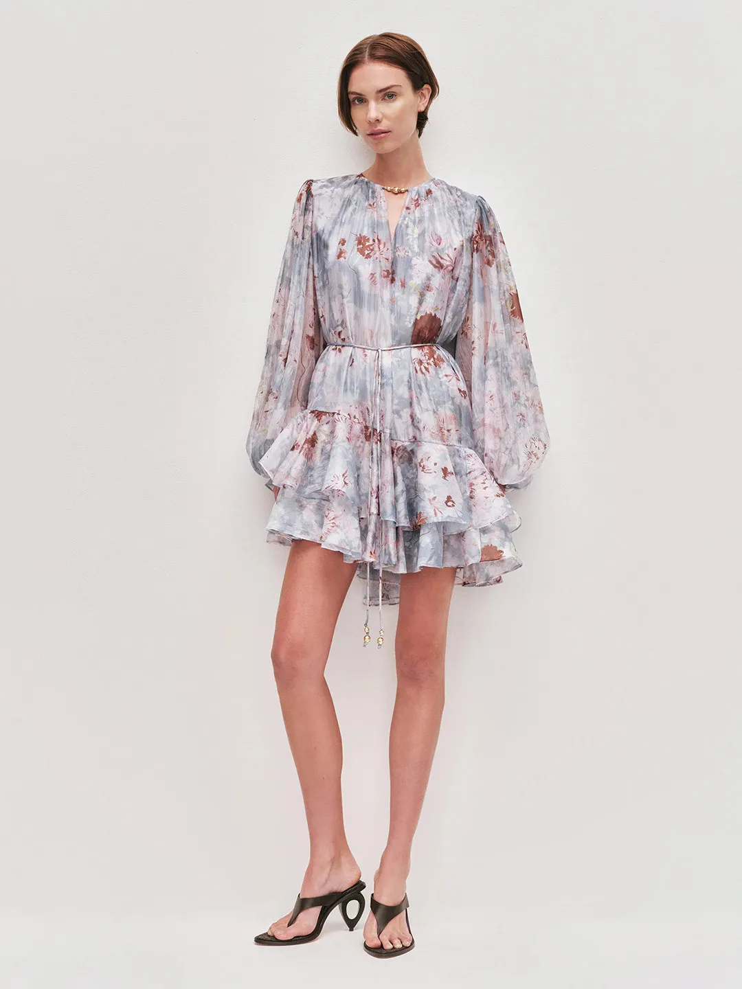 Island Vacation Floral Print Short Skirt High Waist Bubble Sleeve Drawstring Dress Summer Ins Style Cake Skirt Polyester Cott...
