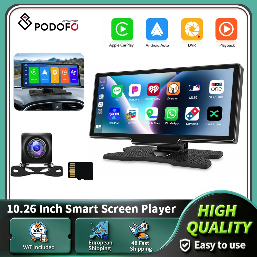 Podofo 10,26" Auto-Spiegel mit Videoaufzeichnung, kabellosem Carplay, Android Auto, Sprachsteuerung, DVR, Auto-Monitor und FM-Player