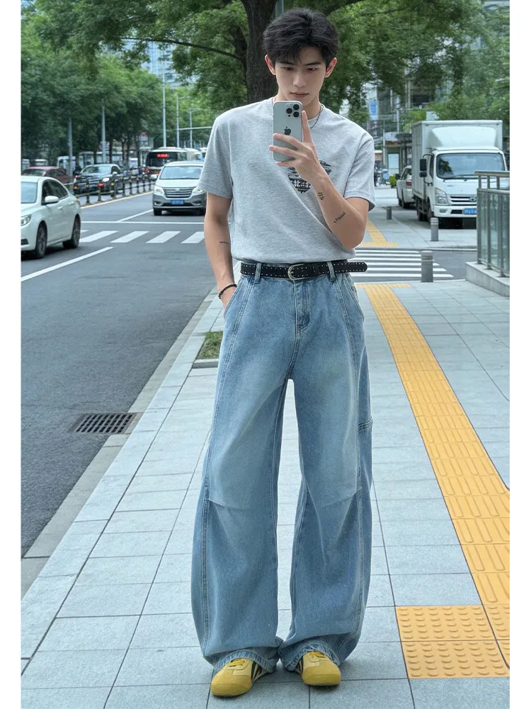 Light Blue Deconstructed Knife  Men's Casual Jeans Pleated Straight Loose Leg Wide Leg Casual Long Trousers
