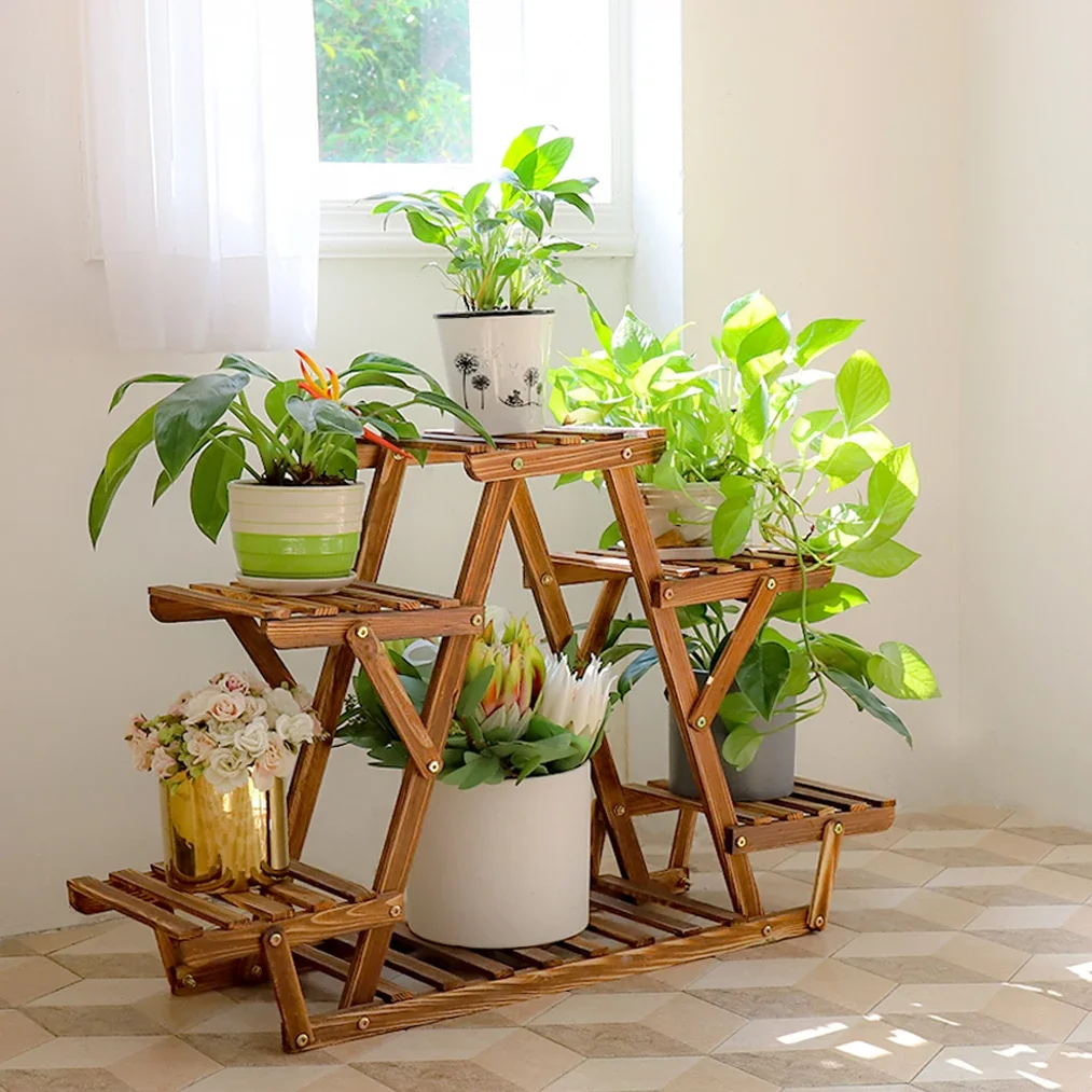 Soporte de plantas de madera para interiores y exteriores, estante de exhibición de macetas, triángulo carbonizado, 6 niveles, esquina