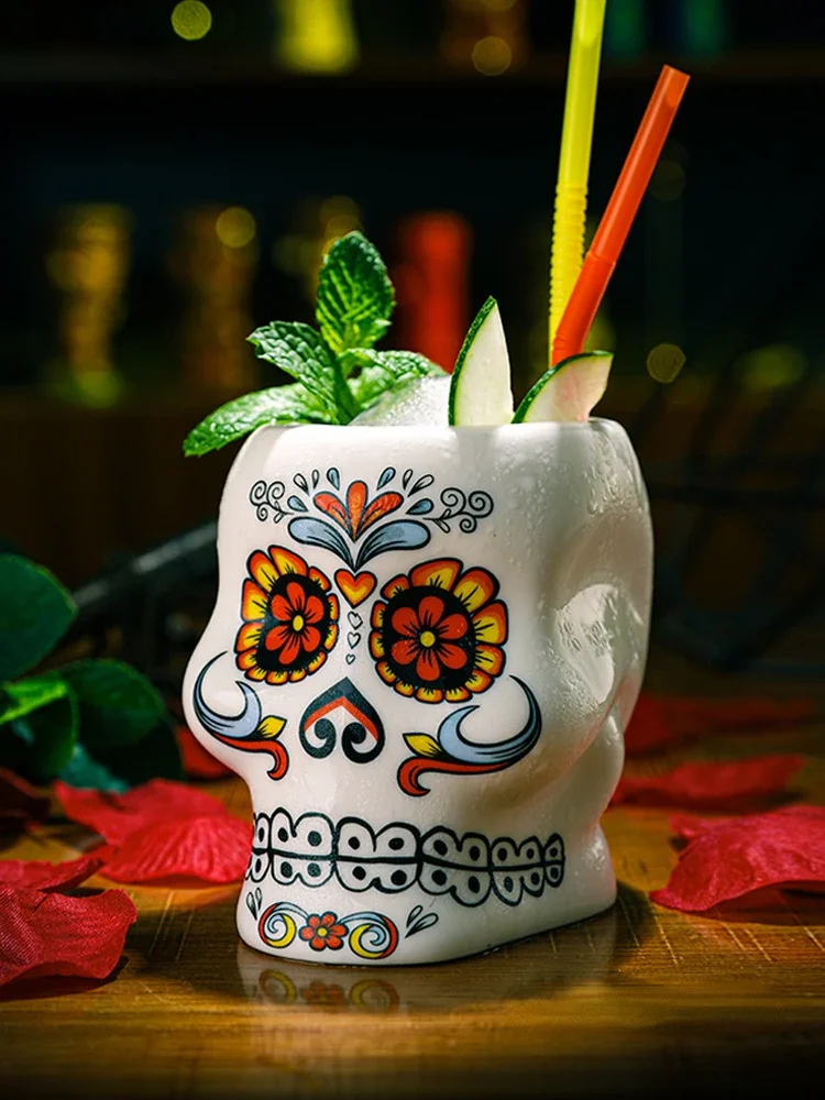 Vaso de Cóctel Soul de Cerámica con Diseño de Calavera y Flores, Taza Tiki Americana para Hotel, Contenedor para Gastronomía Molecular, Copa para Vino y Bebidas para Fiestas de Graduación