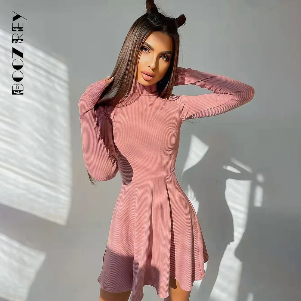 BoozRey Elegant Solid Dress for Women Winter Fall Knitted Bottom Pleated Skirt Casual Streetwear A-line Turtleneck Dress Girl