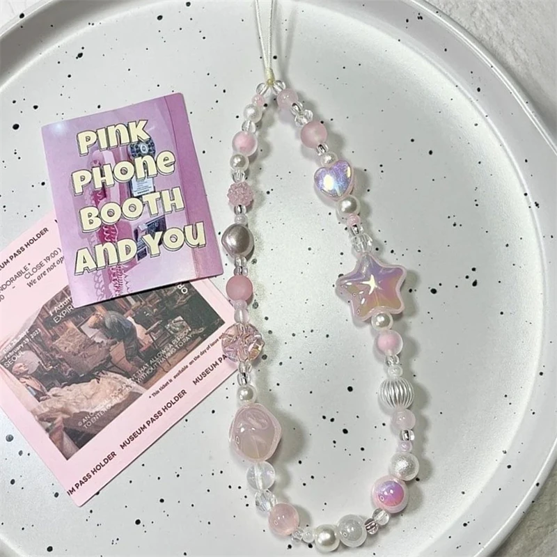 Korean Y2K Cute 3D Pink Star Heart Beaded Phone Chain Charm Lanyard For iPhone Samsung Universal Anti-Loss Hanging Rope Jewelry