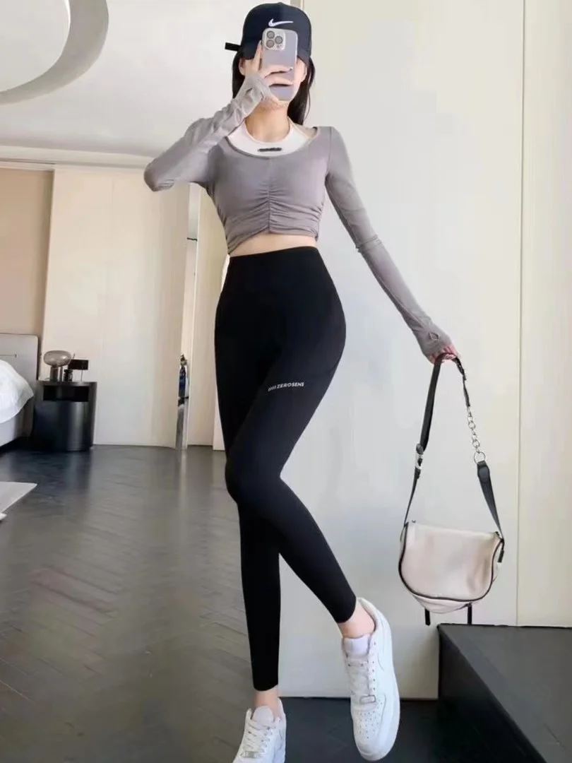 

Women's Slim Fit ark Skin Yoga Pants Summer 2024 High Waist Elastic Side ket Bot Versatile Long Leggings