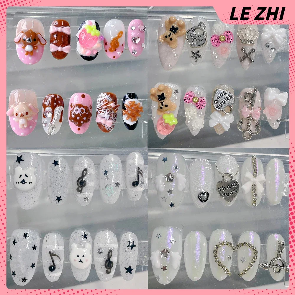 

Cartoon Anime Rabbit Bear Handmade Ellipse Press On Nail Flower Pearl Bow Strawberry Diamond Wings Stars Musical Notes Fake Nail