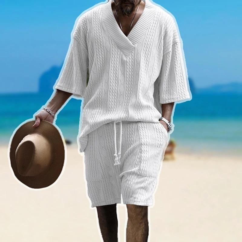 

WOBDAEL мужская летняя повседневная свободная трикотажная рубашка и шорты комплект из 2 предметов жаккардовая пляжная одежда мужская одежда мужская одежда костюмы футболки