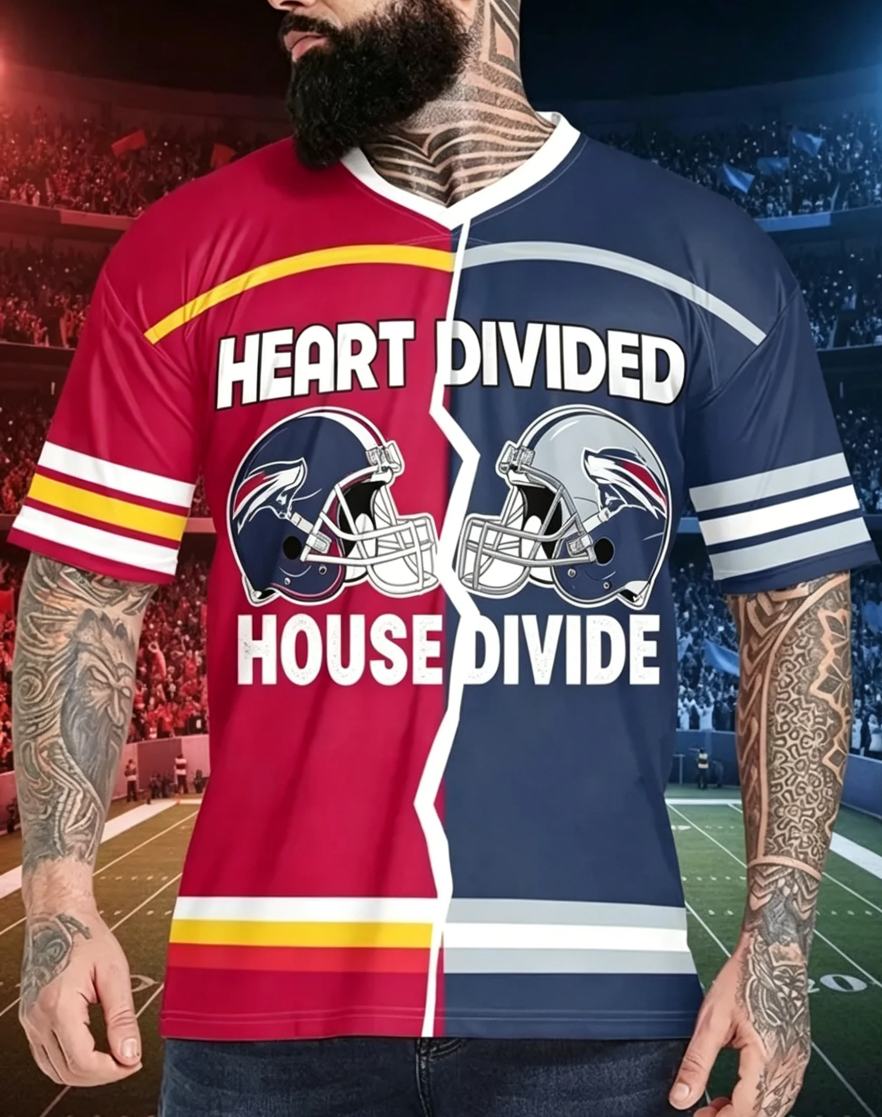 Premium Half & Half Split Two Rival Teams Football Jersey Heart Divided House Divided Helmet Graphic Striped Cuff Sportswear