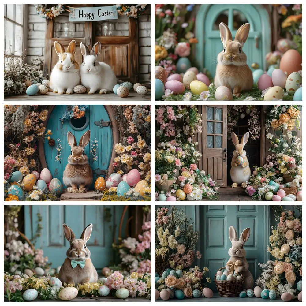 

Happy Easter Rabbit Backdrop Spring Flowers Easter Eggs Birthday Party Decor Kids Portrait Photography Background Photobooth