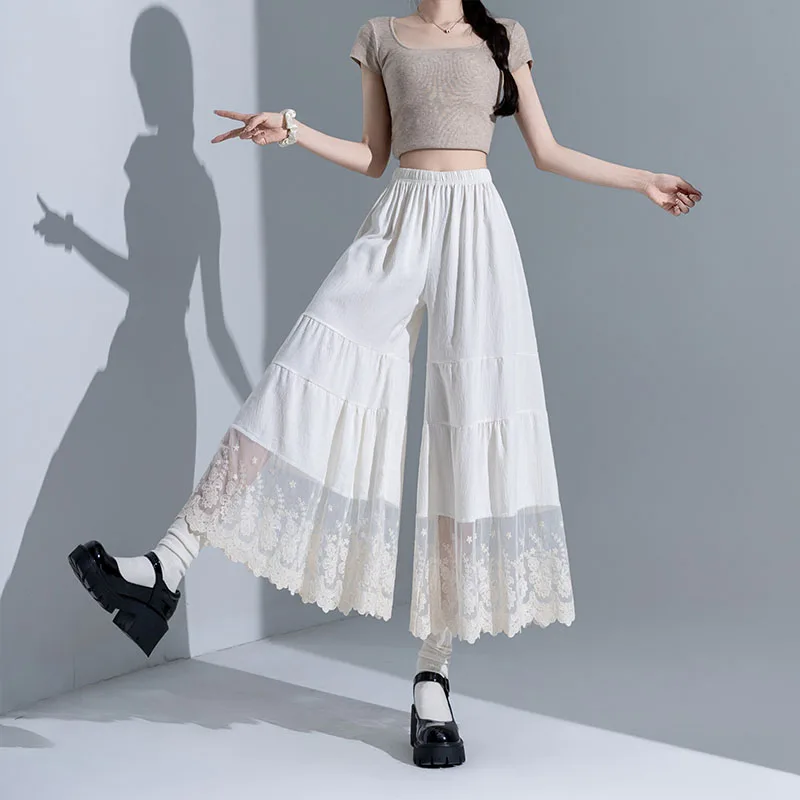 High Waist Wide Leg Pants Pure Color Cotton Linen Women's Qipao Underwear Bottoming Lace Trim Splicing Pants Summer Thin