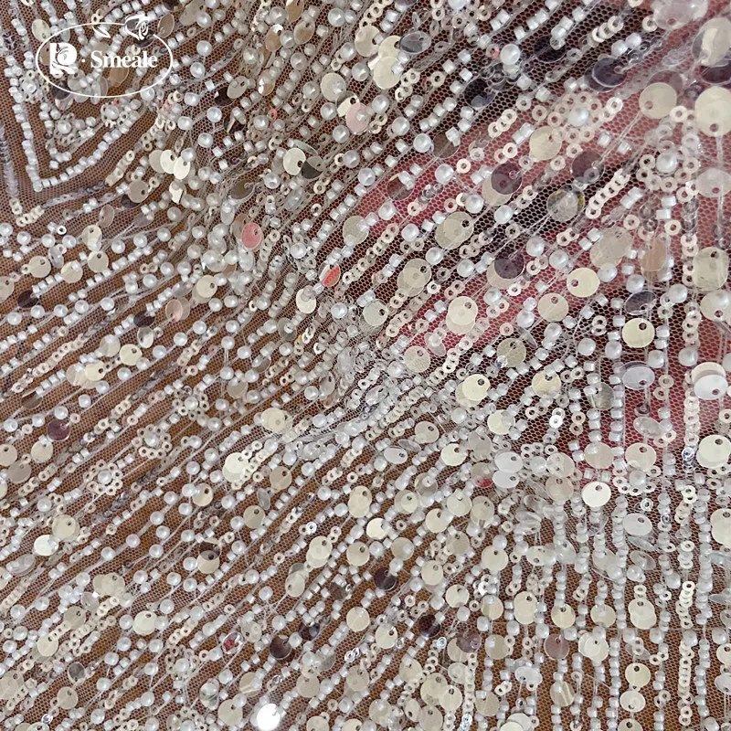 Brautspitzenstoff mit Streifen, Luxuriöses Perlen-Pailletten-Hochzeitskleid, Hochwertiger Maßanfertigungs-Nähstoff, RS4161 – Detail 10