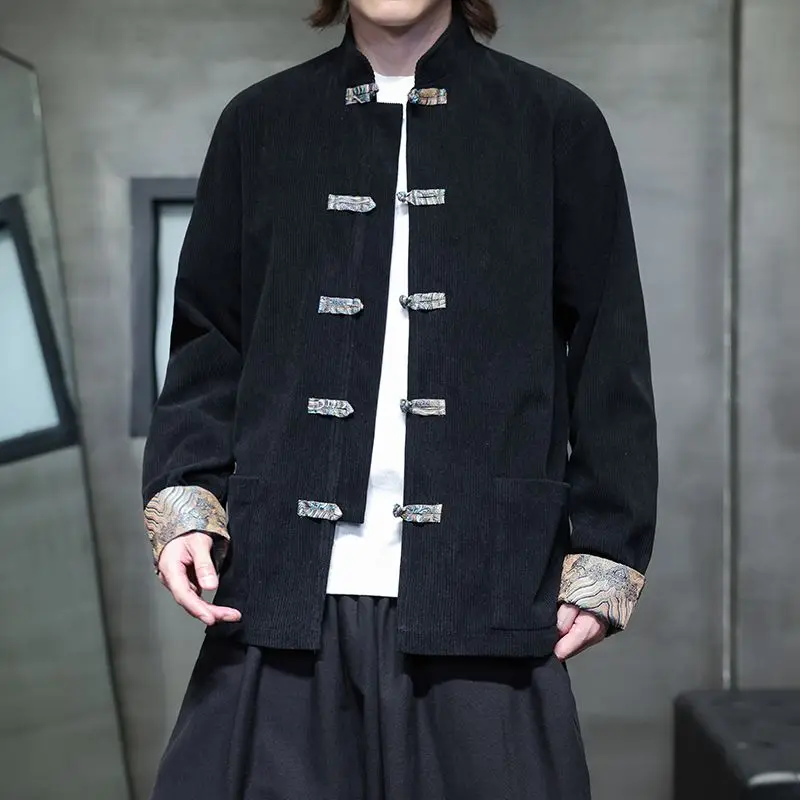 

Men's Corduroy Jaet Spring Autumn Floral Embroidery Stand Collar Retro Tang Costume Han Loose Fit Cotton Blend Windproof