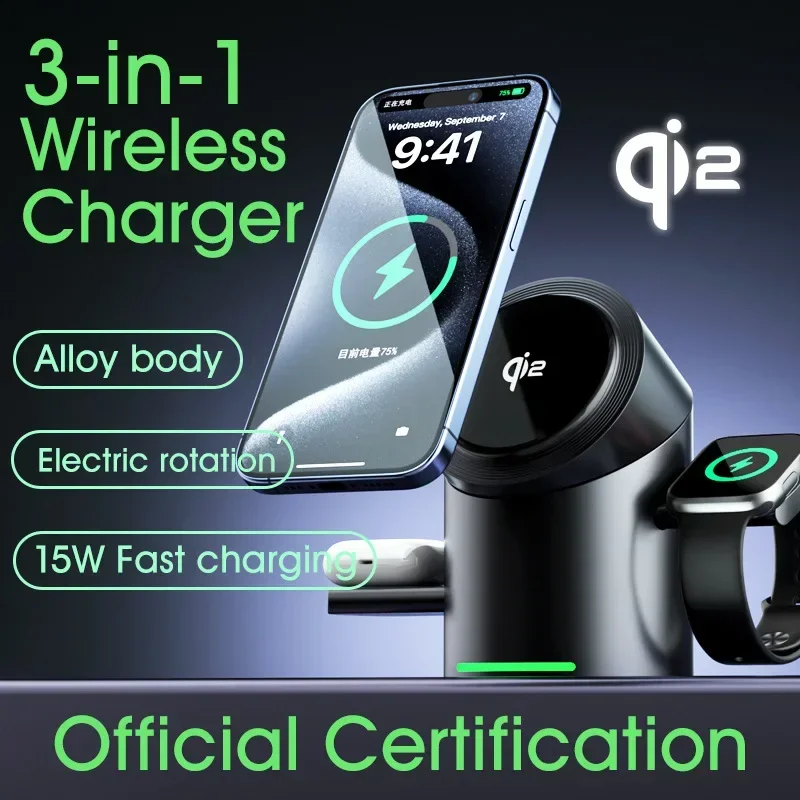 

New Truly Qi2 3 In 1 Magsafe Magnetic Touch Button Wireless Charger For Android iPhone iWatch Airpods Fast Charging Dock Station
