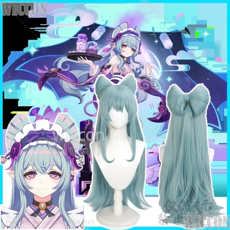 

Game Genshin Impact Cosplay Yumemizuki Mizuki Light Green Cyan Bow Tie Long Wig Cos Hair Prop Woman Girls Halloween Customized