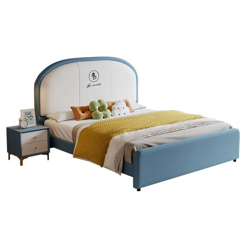سرير أطفال من الخشب الصلب مبطن ناعم على شكل قوس اللوح الأمامي تصميم محظور الألوان صغير الحجم فن الجلود الكرتونية لغرفة النوم